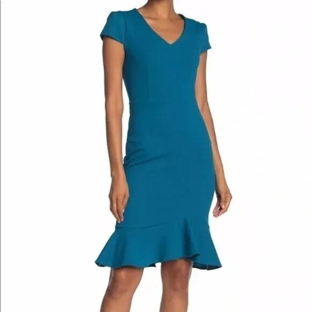 Betsey Johnson Womens 12 Teal Flounce Hem Sheath Dress Cap Sleeve‎ V Neck